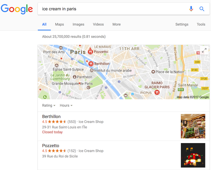 与冰淇淋店相关的 Google 搜索结果,显示了由结构化数据实现的富媒体搜索结果。